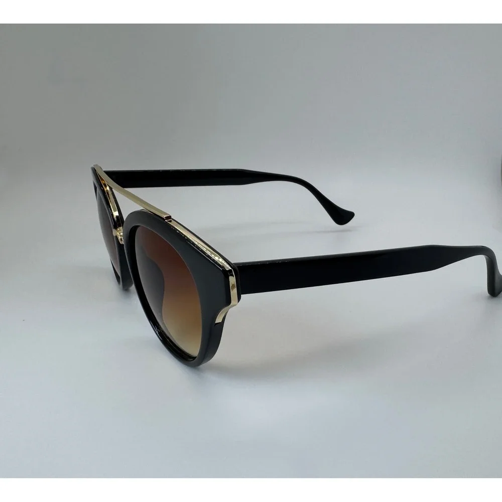 Womens Black Cat Eye Sunglasses Gold Double Bridge Gradient Brown Lens UV400